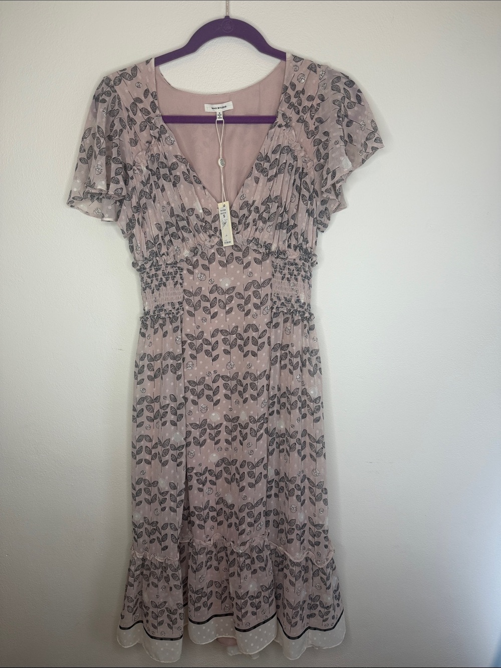 Max Studio Blush Pink and Black Floral Flutter-Sleeve Midi Dress